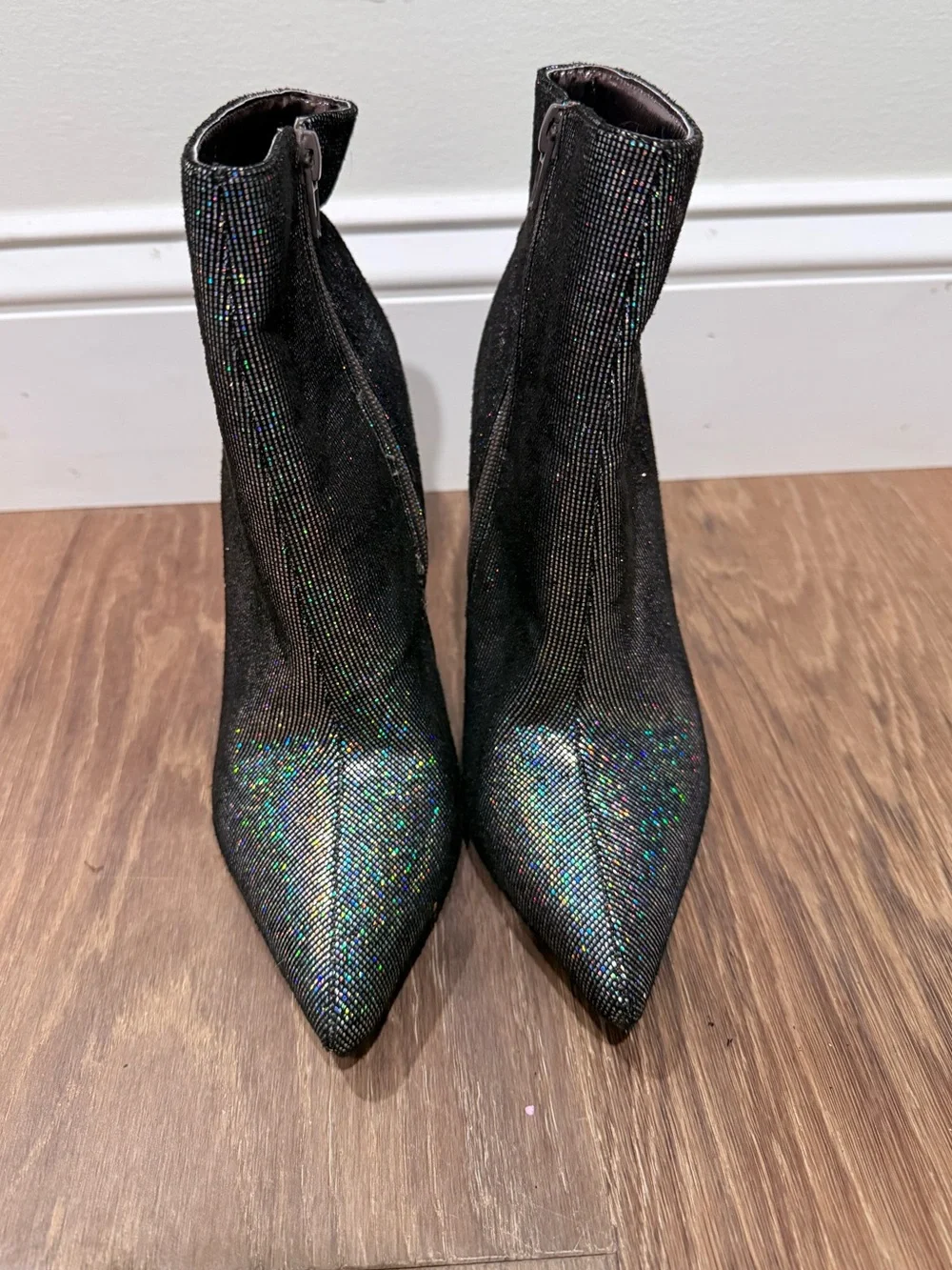 🔥Women's Holographic Black Pointed Toe Stiletto Ankle Boots Size 5.5 EC🔥